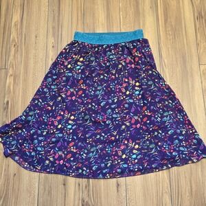 LuLaRoe Lola Purple Floral A-Line Midi Skirt Medium Teal Elastic Waist